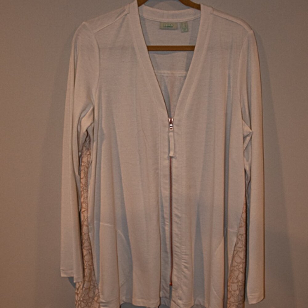 Logo Lounge Zip Front Cardigan White with Tan Lace back Size Large